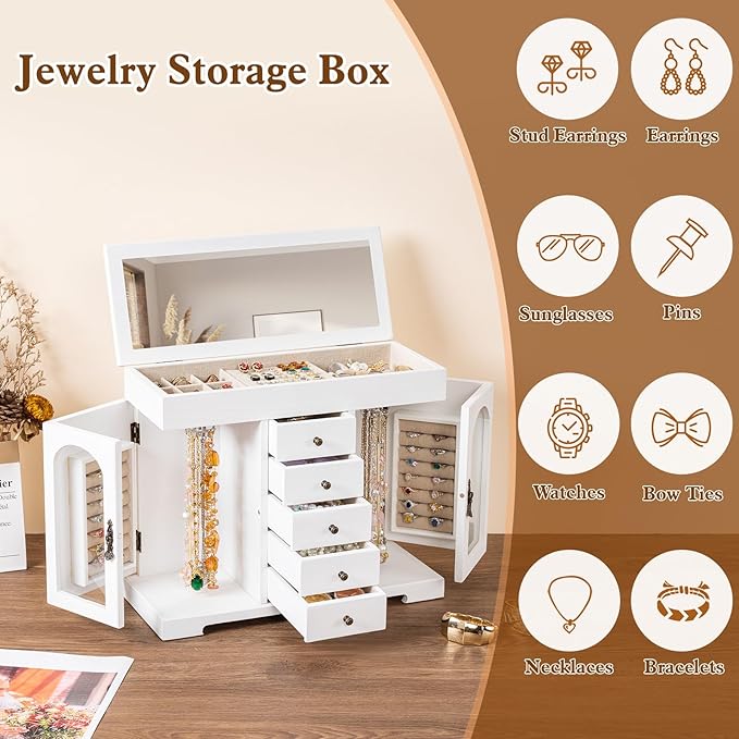 Miratino Jewelry Box for Women Girls, Wooden Jewelry Organizer Box with Mirror, 5 Layer Jewelry Storage Case Display for Neck