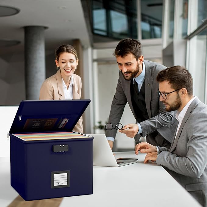 Navy blue Fire Proof File Box for Documents - Portable Fireproof Document Organizer Box with Handle Waterproof Safe Locking F