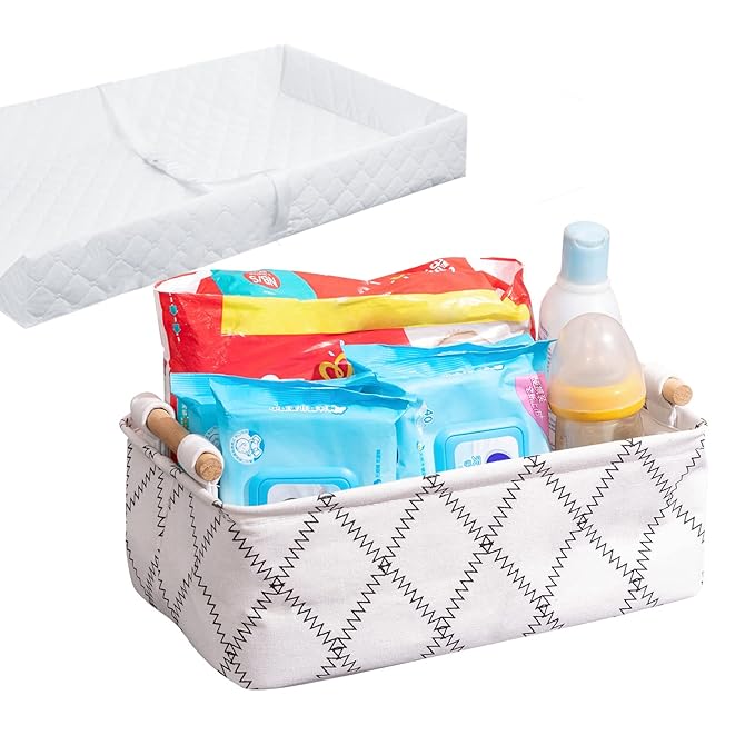 Decorative Collapsible Rectangular Fabric Storage Bin Organizer Basket with Wooden Handles for Clothes Storage,15.4x10.6x5.1 