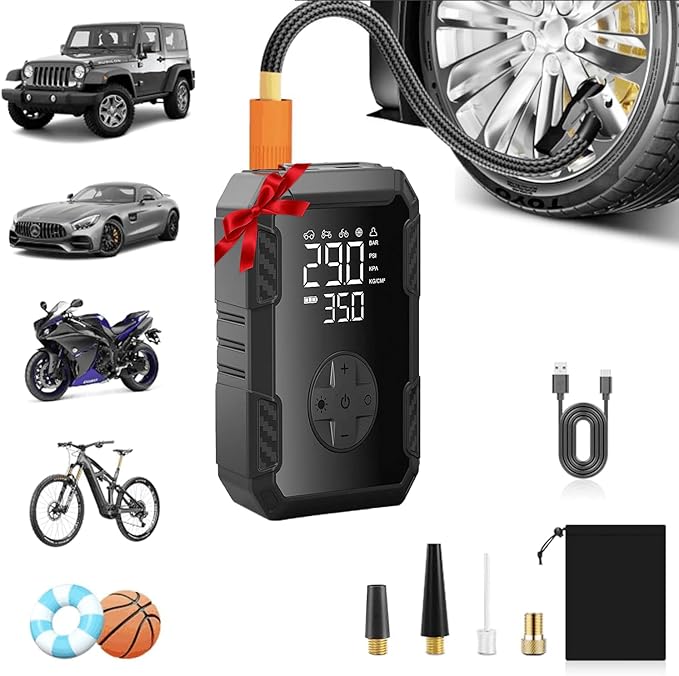 Tire Pump for Bike and Car - Portable Air Pump for Car Tires Cordless Rechargeable, 150PSI Electric Bicycle Pump with Pressure Gauge for Motorcycle Ball Gifts, Auto Shutoff Tire Inflator Compressor