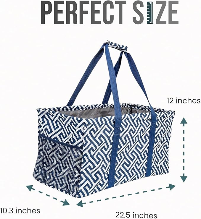 Extra Large Utility Tote Bag - Oversized Collapsible Reusable Wire Frame Rectangular Canvas Basket With Two Exterior Pockets For Beach, Pool, Laundry, Car Trunk, Storage - Geo Navy Blue