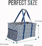 Extra Large Utility Tote Bag - Oversized Collapsible Reusable Wire Frame Rectangular Canvas Basket With Two Exterior Pockets For Beach, Pool, Laundry, Car Trunk, Storage - Geo Navy Blue