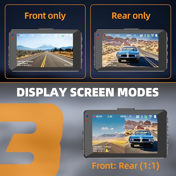 Dash Cam Front and Rear Dash Camera WiFi/APP Control Car Camera with 64G Card 2.5K Front Dash Cam+1080P Rear Dashcams with Su