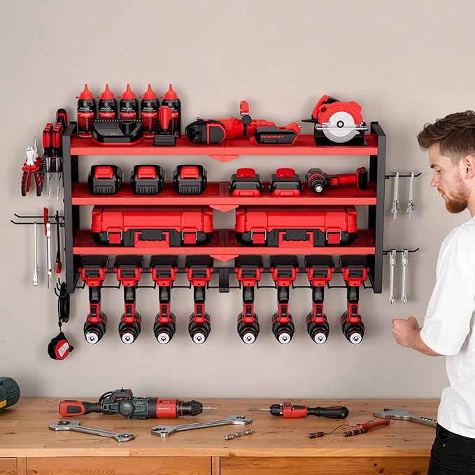 VEVOR Power Tool Organizer Wall Mount, 4-Layer Storage Rack with 8 Drill Holders, Tools Holder and Storage Rack with Side Peg