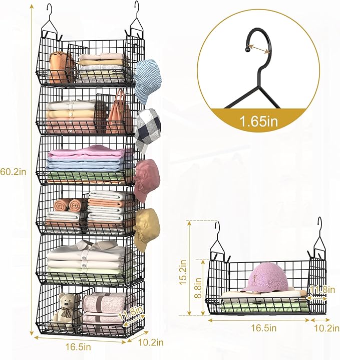 Jautokerdar 6 Tier Extra Large Hanging Storage Organizer,Hanging Closet Shelves with Dividers,Closet Organizer Wire Shelf wit