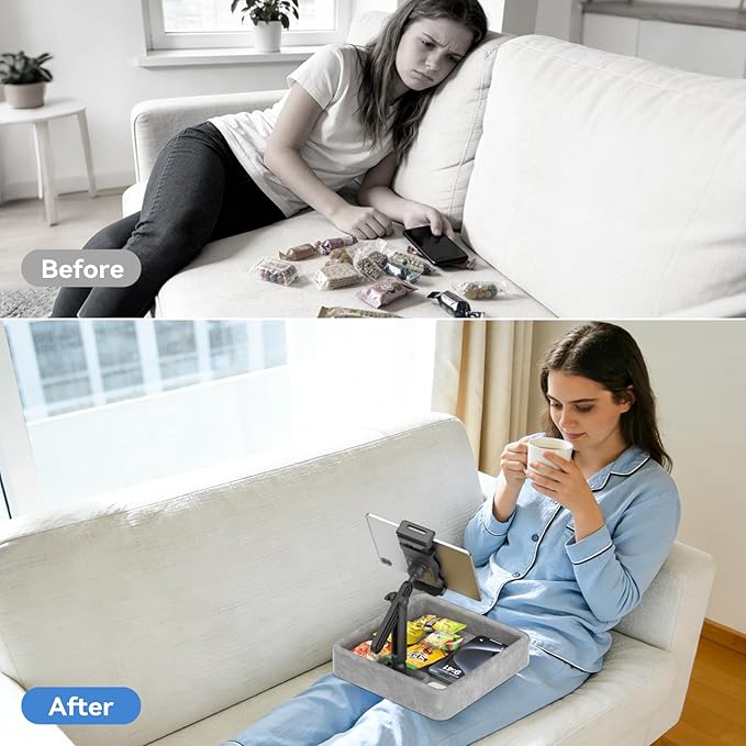 KDD Tablet Pillow Holder - Multi-Angle Adjustable iPad Stand for Lap, Bed and Desk - Foldable Kindle Soft Pad Dock with Storage Tray Compatible with iPad Pro 12.9, Air Mini, Phone, E-Reader