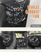 Car Trash Can with Lid, Cute Leakproof Car Trash Garbage Bag Hanging Vehicle Trash Bin Small Portable Automotive Garbage Cans Organizer for Back/Front Seat(Trapezoid,Black with Lily Print)
