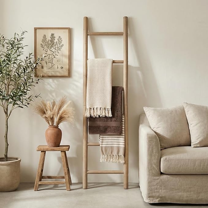 Wooden Blanket Ladder - 76in Natural Wood Color- Leaning Wall Decor for Bedroom, Bathroom, Living Room - Rustic Quilt Holder 