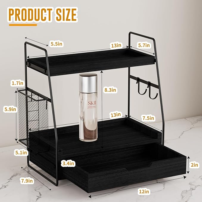 2-Tier Bathroom Counter Organizer with Drawer & Removable Basket, Wood & Metal Vanity Organizer for Skincare, Makeup, Perfume