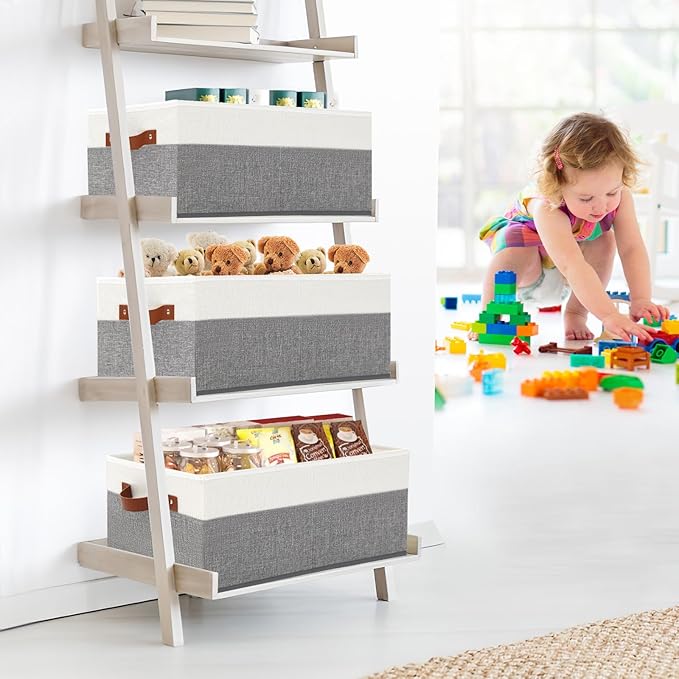 3 Pack Large Capacity Storage Bins Closet Organizer for Shelves, Fabric Closet Storage Baskets Boxes with Leather Handles for