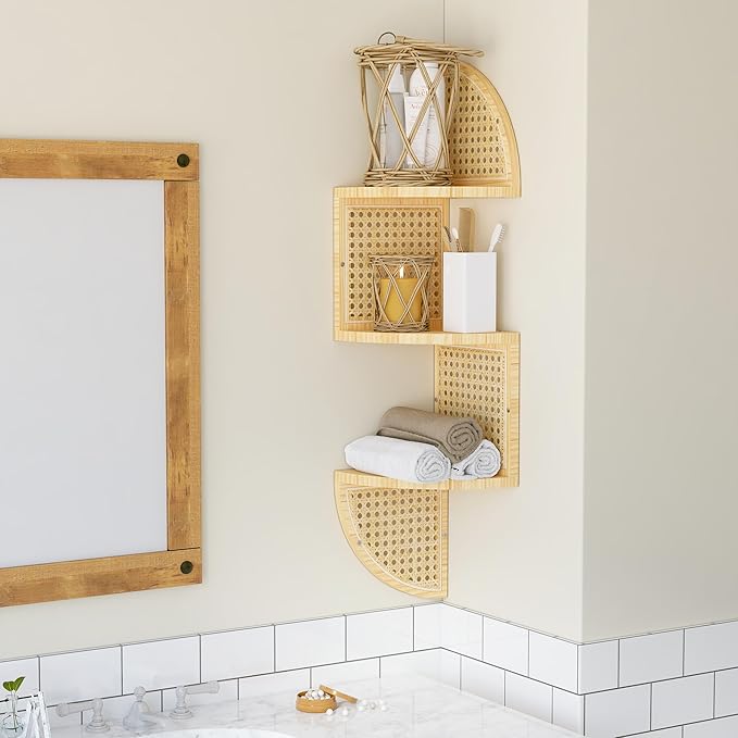 3-Tier Corner Shelf - Wooden Rattan Wall Mounted, Zig Zag Hanging Shelves for Bedroom, Living Room & Bathroom