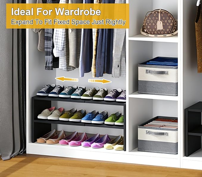 Black Shoe Rack Organizer for Closet, 2-Tier Expandable Shoe Shelf, Stackable Iron Wood Combination Small Shoe Racks Shelves 