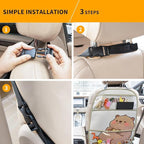 kids Leather Car Backseat Organizer with Foldable Table Tray, Car Storage Organizer with Tablet Holder, Car Seat Back Protectors Kick Mats, Travel Accessories (Beaver)