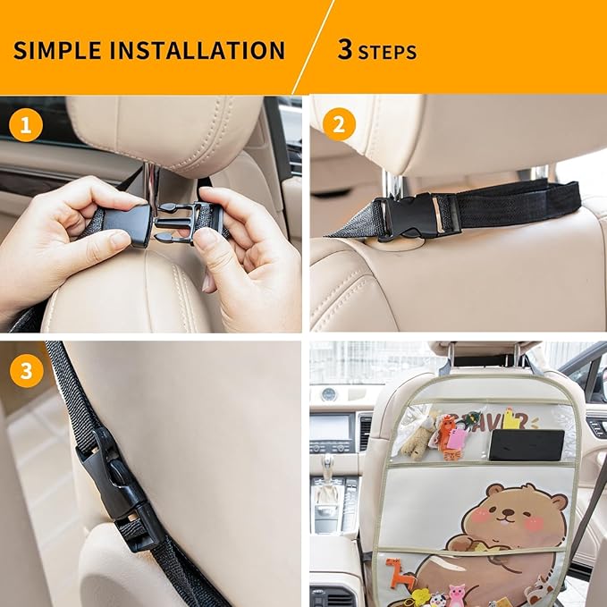 kids Leather Car Backseat Organizer with Foldable Table Tray, Car Storage Organizer with Tablet Holder, Car Seat Back Protectors Kick Mats, Travel Accessories (Beaver)