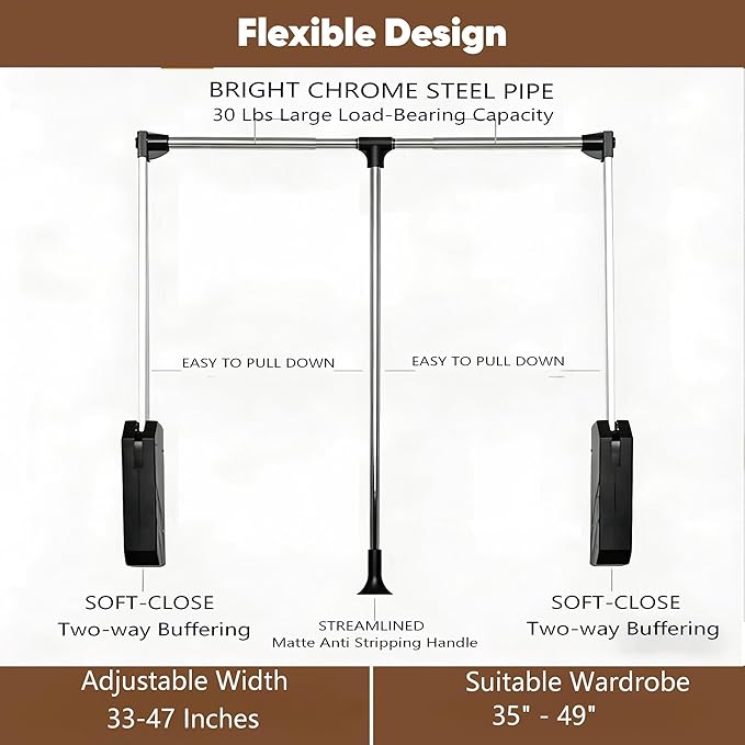 Pull Down Closet Rod, Adjustable 33-45 Inches Soft-Close Wardrobe Rail, Two-way Buffering Stainless Steel Back Mounted Organi