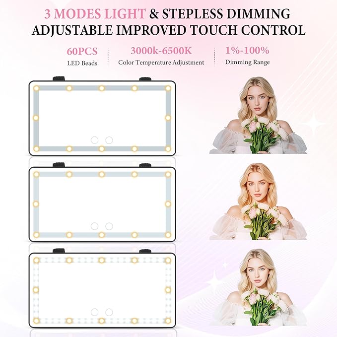 SINGARO 2PCS Car Sun Visor Vanity Mirror - Rechargeable Makeup Mirror with 60 LEDs, 3 Light Modes & Dimmable Touch Control for Cars, Trucks, SUVs, Car Interior Accessories for Women (Black)