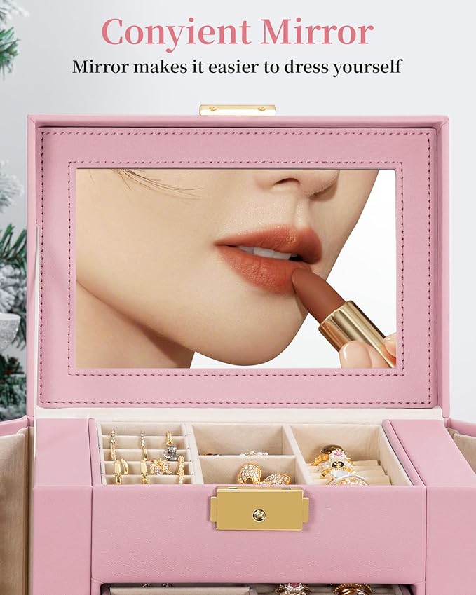 TORIBIO Large Jewelry Box for Women, Leather Jewelry Organizer with Mirror & Lock, 6-Tier Jewelry Storage Case for Girls/Wome