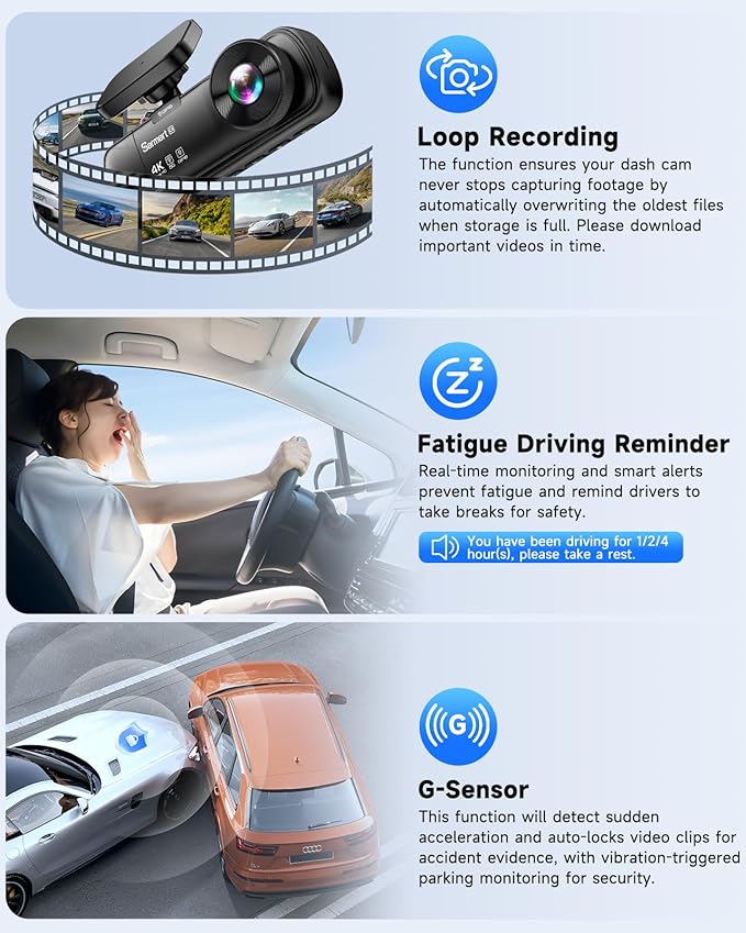SARMERT 4K 3 Channel Dash Cam, Dash Cam Front and Rear C3, Free 64GB Card, 4K+1080P+1080P Dashcam, G-Sensor, WDR, APP, 5G WiF