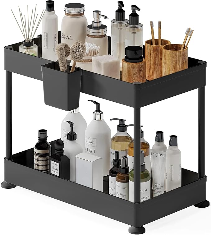 StorageBud 2-Tier Under Sink Organizer, Black, Plastic, Non-Slip Rubber Legs, Hanging Hooks, Drain Holes, Quick-Access Caddy