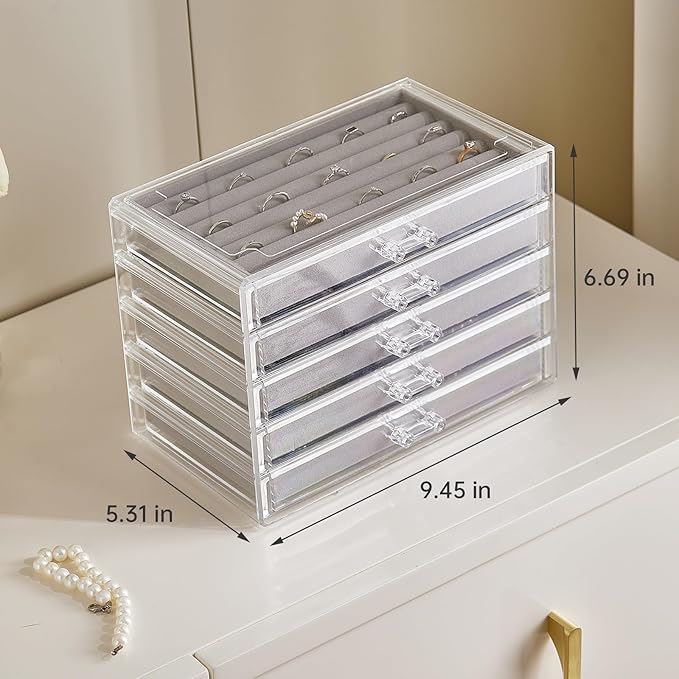 Acrylic Jewelry Box with 5 Drawers, Clear Earring Holder Organizer Rings Display Case with Adjustable Velvet Trays for Women 