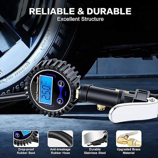 Digital Tire Pressure Gauge with Inflator, 250 PSI Heavy Duty Air Chuck & Compressor Accessories with Quick Connect Coupler and Rubber Hose for Cars, Inflatables