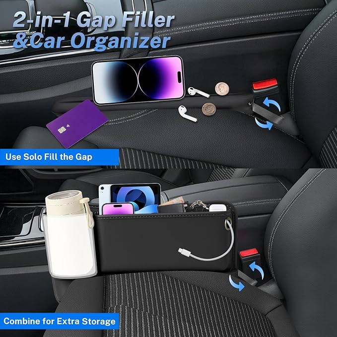 Car Seat Gap Filler Organizer 2 Pack, Car Seat Organizer with Cup Holders, 3-in-1 Removable Auto Organizer for Women, Universal Fit SUV Truck Fill The Gap Between Seats & Console(Black)