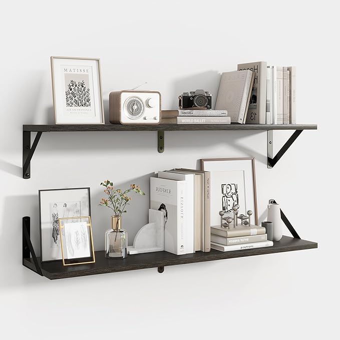 Axeman 32 Inch Floating Shelves | 8 Inch Deep Black Wood Wall Shelves Set of 2 | 31.5" W x 8" D Rustic Black Shelves for Bath
