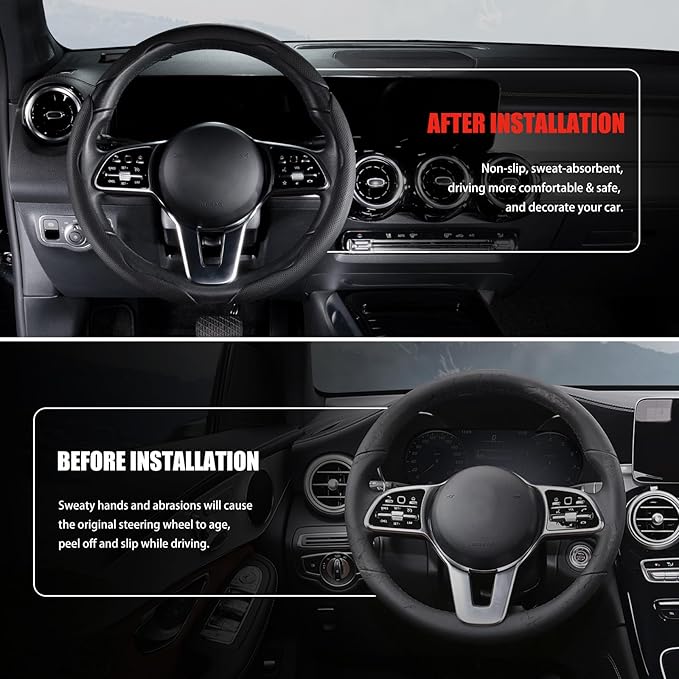 Nappa Leather Car Steering Wheel Cover for Men Women, Ultra-Thin Non-Slip Breathable Microfibre, Universal for 14.5"-15" Stee