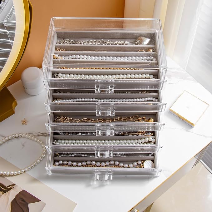 YUFONG Necklace Holder Organizer, Dustproof Necklace Box Velvet Necklace Organizer Box with Lid Clear Acrylic Dustproof Stack