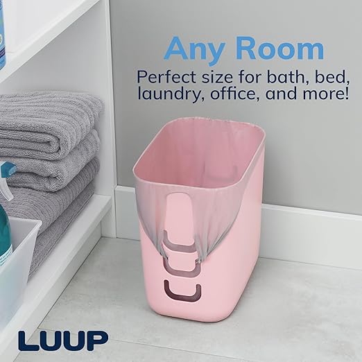 STORi Luup Bathroom Wastebasket, Secure Grocery Bags, Plastic Garbage Container for Vanity, Laundry Room, Kitchen, Office, 2.5 Gallon, Pink, Made in USA