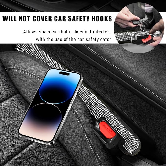2PCS Bling Car Seat Gap Filler, Sparkling Rhinestone Side Seat Gap Blocker Stop Things from Dropping, Soft Foam Car Truck Filler Blocker Fill The Gaps Between Seats and Console (White)