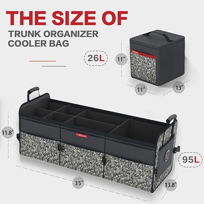 LIBZAKI Car Trunk Organizer,3 Compartments Big Trunk Storage, Large Capacity, Foldable, 95L Heavy Duty Storage Box for Car,
