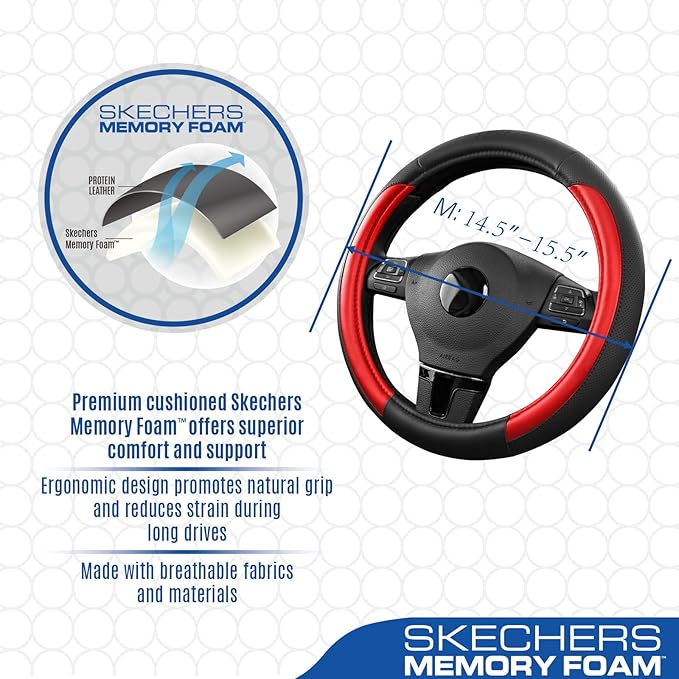 Skechers Steering Wheel Cover Memory Foam,Luxury Leather Steering Wheel Covers,Universal Anti-Slip Fit 14" 1/2-15" Car Wheel 