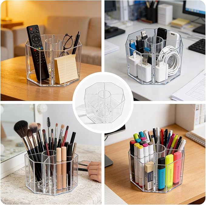 Acrylic Makeup Brush Holder, 360°Rotating Makeup Brush Organizer with 5 Grids, Clear Makeup Holder for Courtup, Bathroom Vani