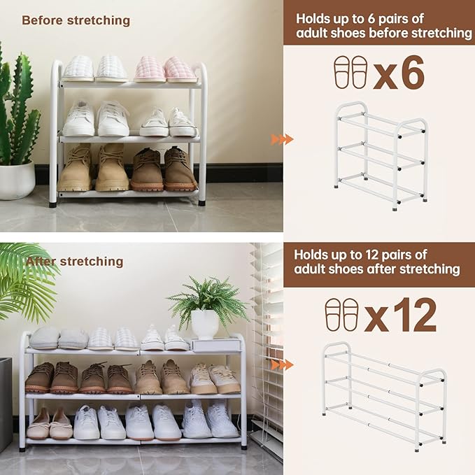 Gonfoam 3-Tier Expandable Shoe Rack,Adjustable Shoe Shelf Storage Organizer Heavy Duty Metal Free Standing Shoe Rack for Entr