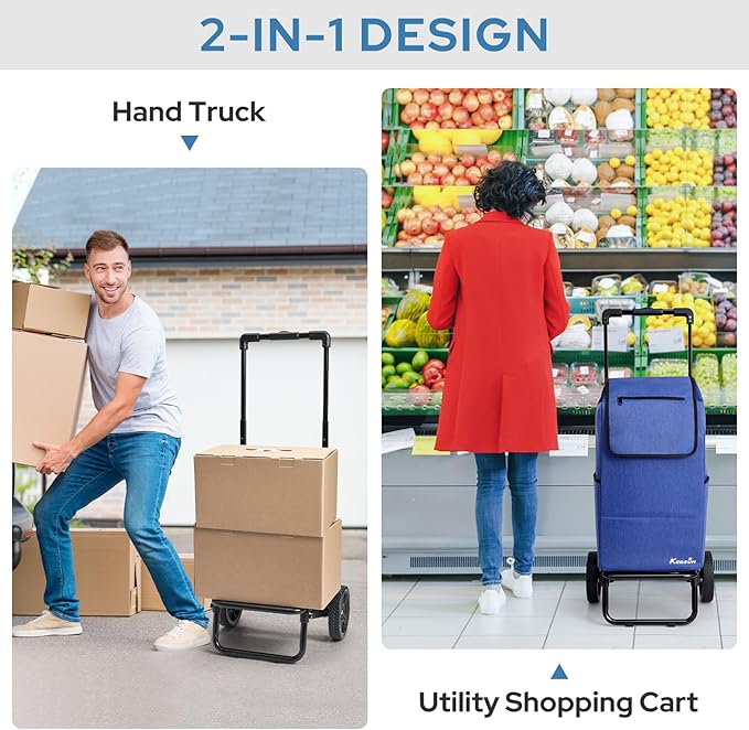 KEDSUM 2 in 1 Shopping Carts for Groceries, 330 lbs Grocery Cart on Wheels, Foldable Utility Carts with Wheels, Load-Bearing Hand Truck with Waterproof Bag for Shopping, Camping, Laundry, Garden, Blue