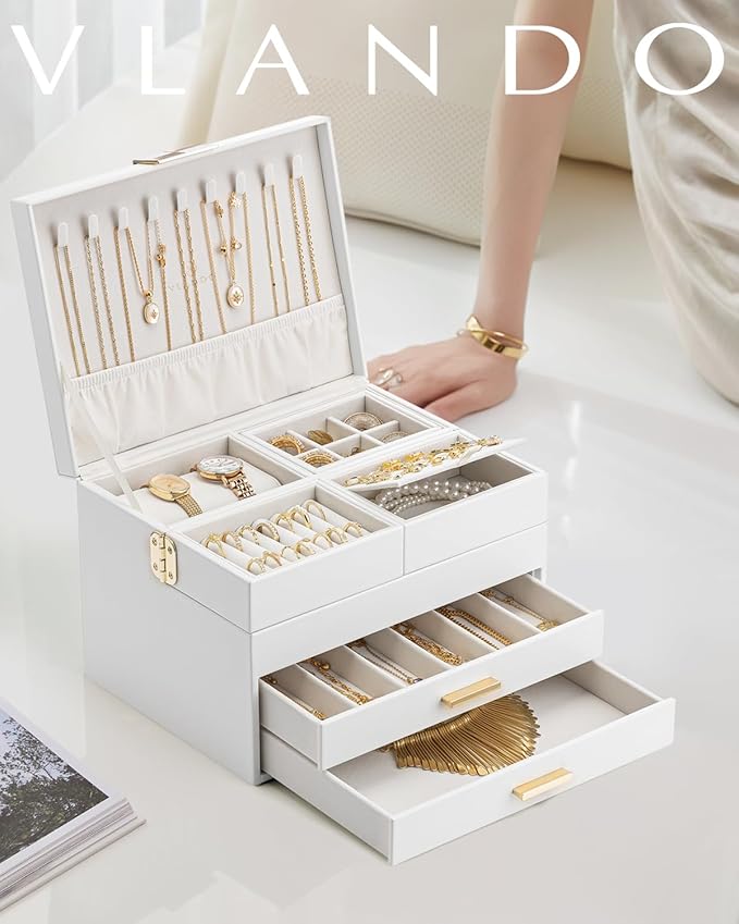 Vlando 4 Layers Jewelry Box - Women Jewelry Box with Retractable Tray - Jewelry Organizer with Drawer for Necklaces, Rings, B