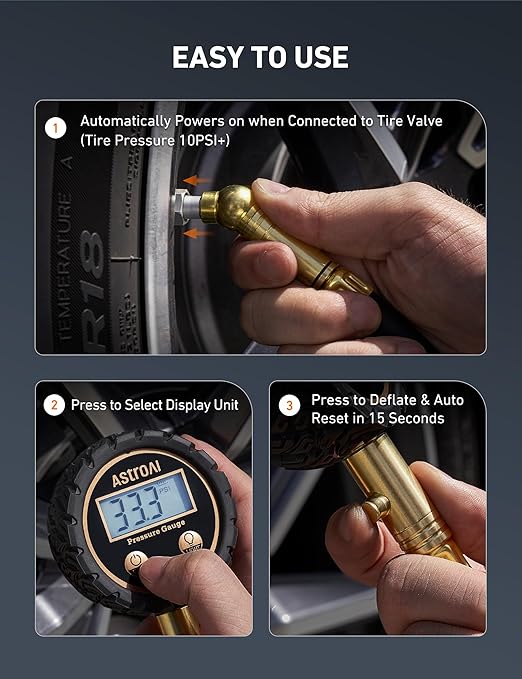 AstroAI Tire Pressure Gauge for Cars with Backlit LED, Solid Brass with Rubber Hose, Air Bleeder Valve, ANSI B40.7 Grade 2A(±0.5%), 3-250PSI