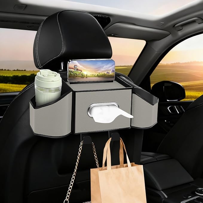 7-In-1 Car Seat Back Organizer with Cup Holders, Tissue Box, Garbage Can&Hooks, Multifunctional Headrest Storage Organizer, Headrest Cup Holder for Backseat, Car Accessories for Trips, Travels(Gray)