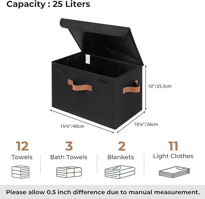 GRANNY SAYS Storage Bins with Lids, Decorative Storage Boxes with PU Handles, Black Storage Bin, Linen Closet Organizer, Shel