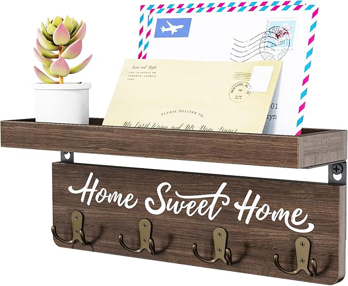 buways Wall-Mounted Key and Mail Holder, Wooden Key Rack with 4 Double Key Hooks, Rustic Home Decor for Entryway