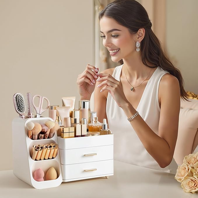 HBlife Makeup Organizer with Brush Holder for Vanity, Large Plastic Bathroom Countertop Organizer Skin Care Storage, Easy to 