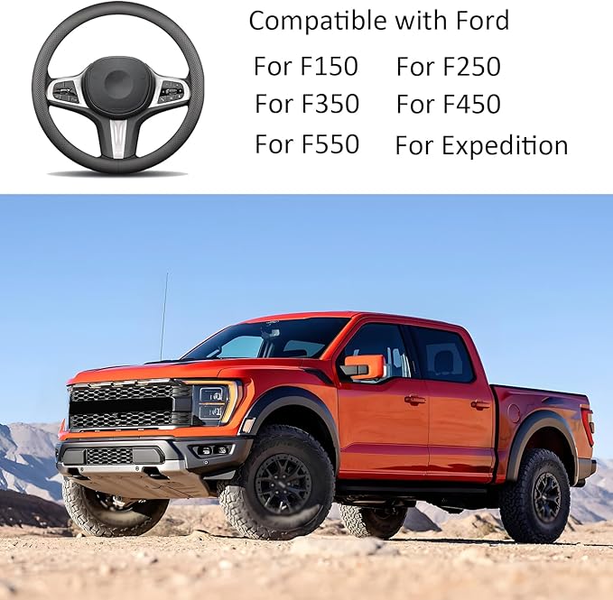 Leather Steering Wheel Cover Compatible with Ford F150 F250 F350 Expedition, 15.5-16 inches Car Steering Wheel Cover (Black)