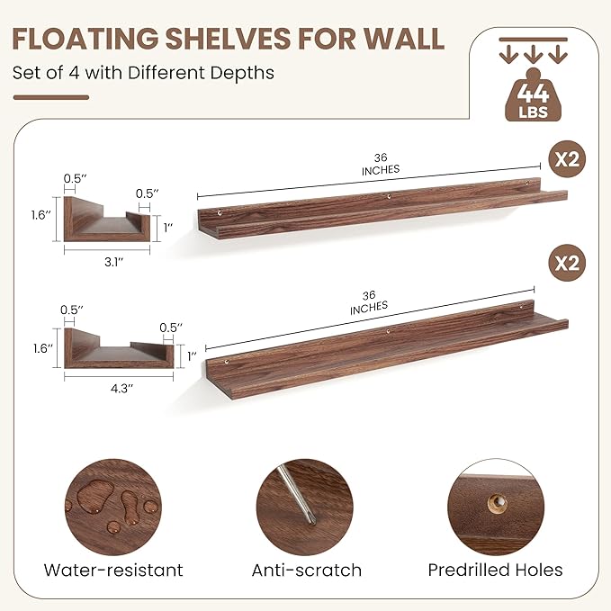 Fun Memories Picture Ledge Shelf, Floating Shelves Set of 4, 36 Inch Picture Shelves for Wall with Ledge, Large Nursery Book 