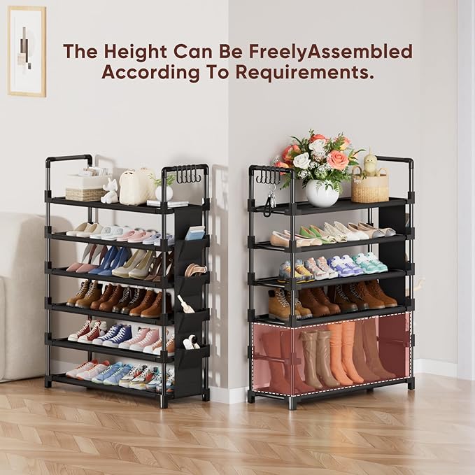 Mavivegue 6 Tier Shoe Rack for 25-30 Pairs of Shoes,Metal Shoe Rack with Hook and Side Pocket for Closet,Entryway,Hallway,Dor