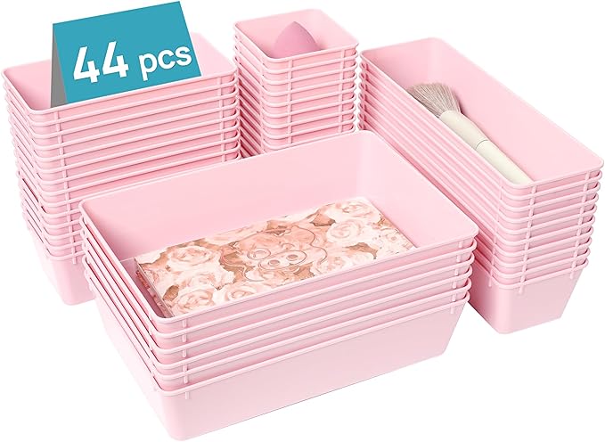 Vtopmart 44 PCS Plastic Drawer Organizers Set, 4-Size Versatile Bathroom and Vanity Organizer Trays, Non-Slip Storage Contain