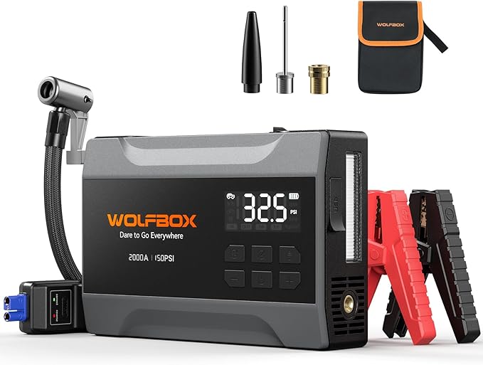 WOLFBOX 2000A Jump Starter with Air Compressor, 37Wh Car Battery Jumper Starter Portable (up to 5L Gas Engine) with 150PSI