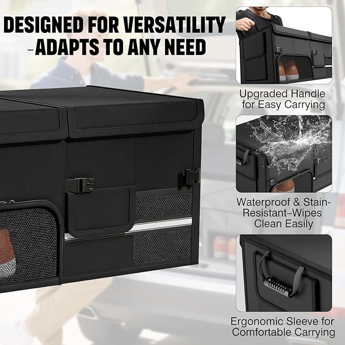 Foldable Car Trunk Organizer with Multi-Compartment - Expandable 30-60L Storage Bin, Side Mesh Pockets, Waterproof 600D Oxford