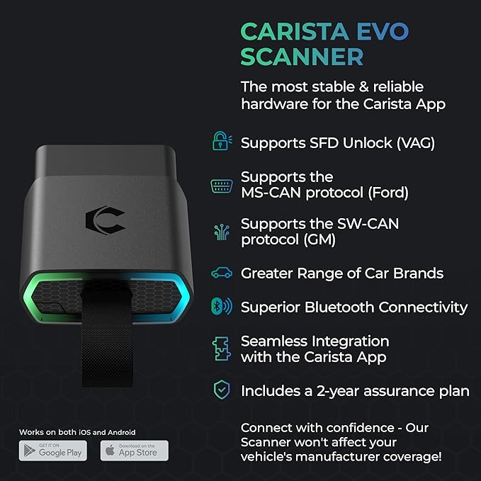 Carista EVO - Bluetooth OBD2 Scanner - Car Diagnostic Tool & Code Reader with Access to Diagnostics, Customizations, Service