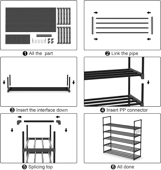 Hsscblet 5 Tiers Metal Shoe Rack,Adjustable Shoe Shelf Storage Organizer with Hooks,Stackable Boot & Shoe Storage,for Entrywa